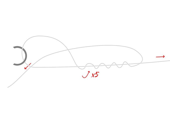 Schematische Zeichnung zur Anleitung des Clinch-Knotens für Angelvorfächer