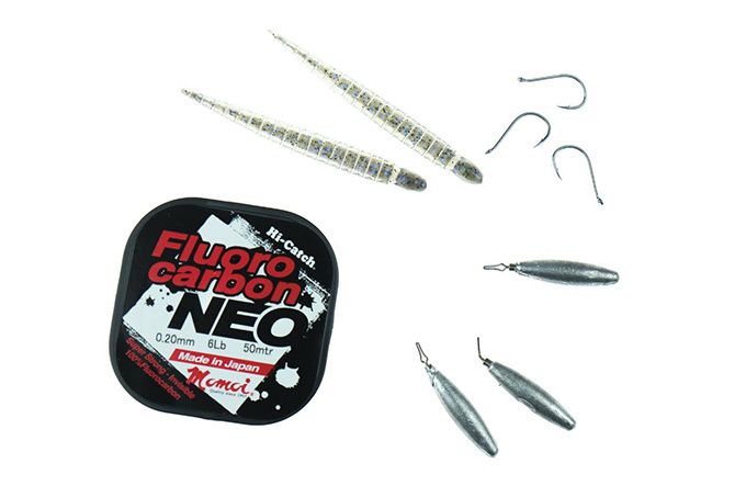 Dropshot-Rig Material: Fluorocarbon, Haken und spezielles Dropshot-Blei für die Egli-Montage